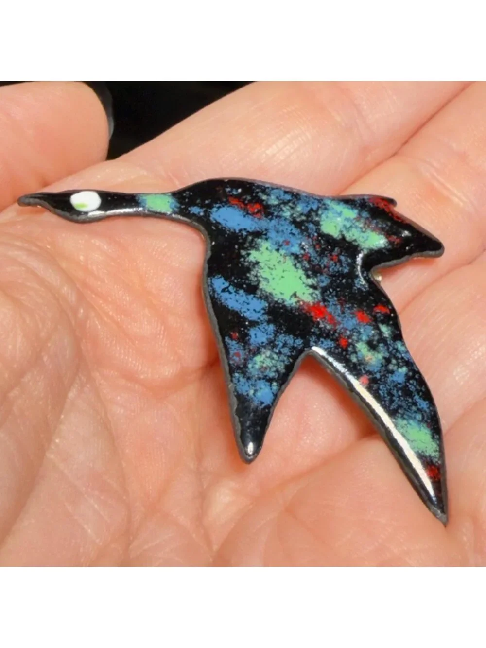 Bird Brooch Flying Swallow Glitter Enamel Handmade Black Colorful Pin 2”